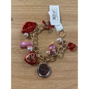 Betsey Johnson Charm Bracelet Soda Can Lips Heart Pearl Bottle Cap Gold Tone